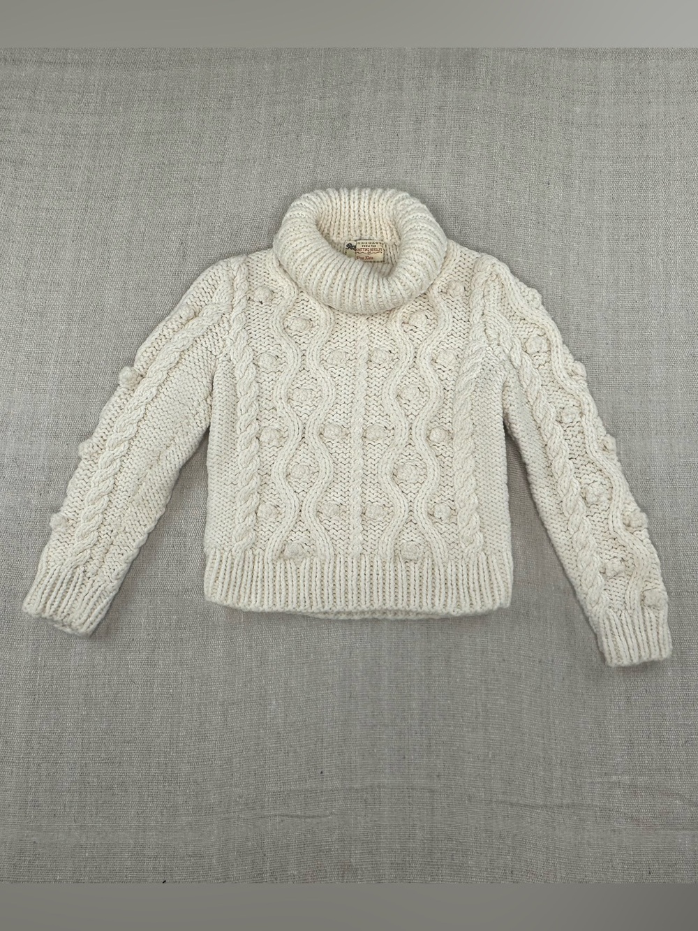 Vera Klein Handmade Girls Cable Knit Turtleneck Sweater Cream Chunky Knit Sz 6-7